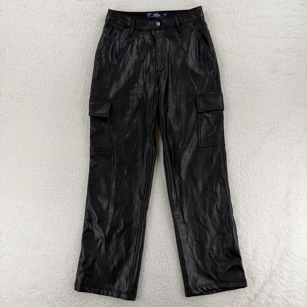Hollister Pants Womens 28s‎ 7/8 Black Faux Leather Cargo High Rise Baggy Y2K